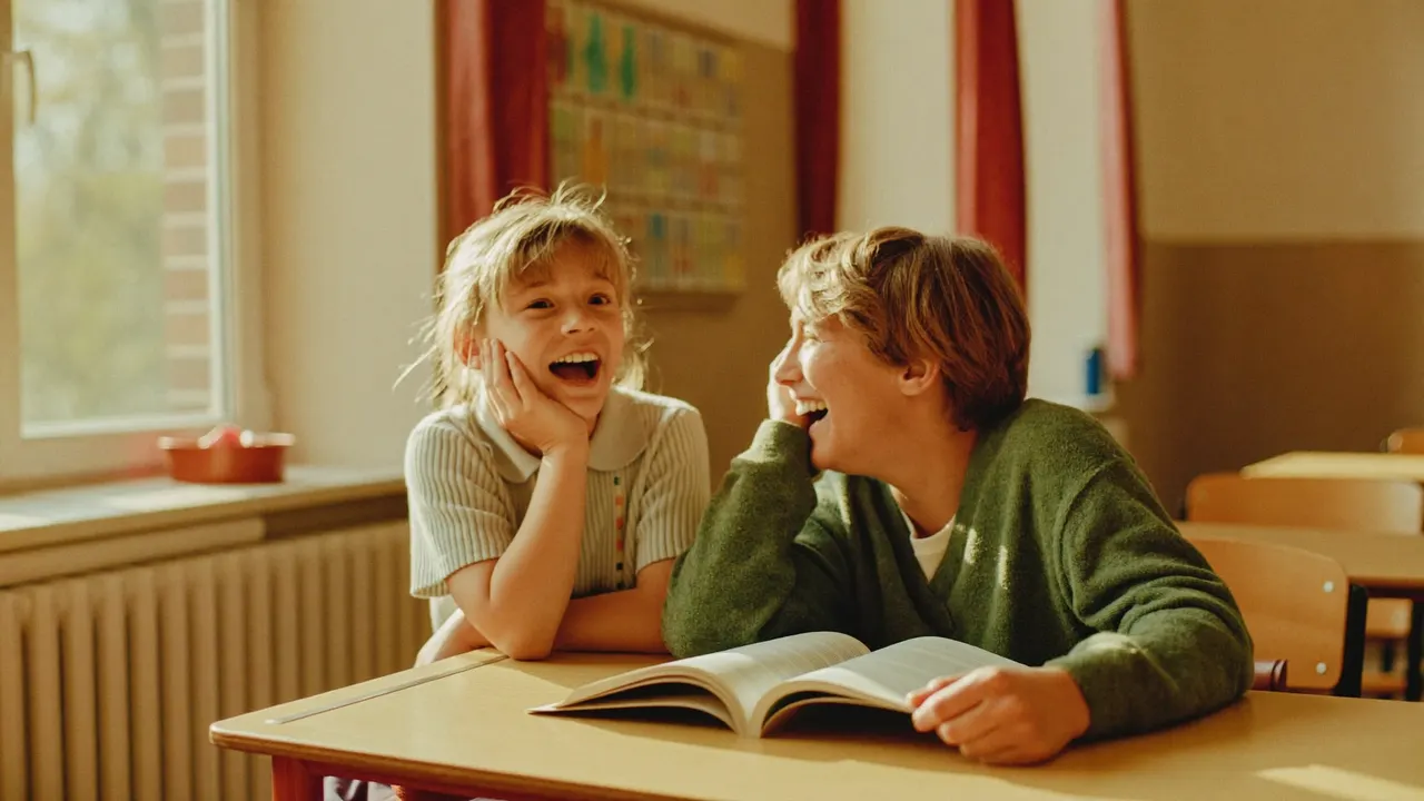 Eine Begleiterin und ein Kind lachen herzlich zusammen über einem aufgeschlagenen Heft, warmes Nachmittagslicht im Klassenzimmer.