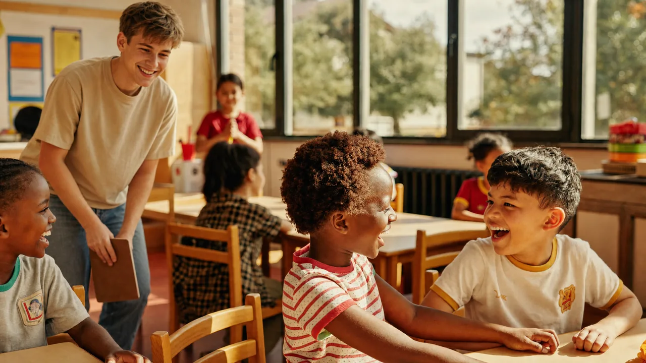 Kinder lachen gemeinsam an einem Tisch im hellen Klassenraum, die Begleitperson steht lächelnd dabei und lässt ihnen Raum.