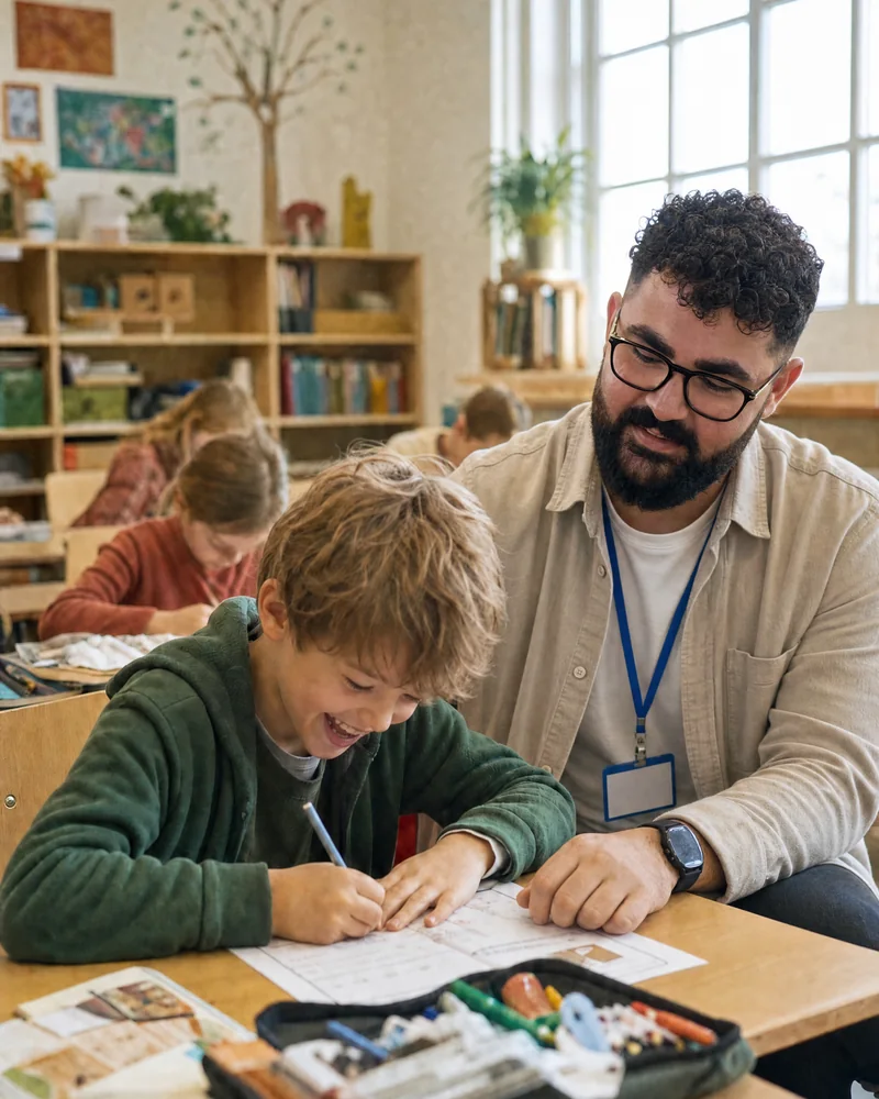 Akif Vural begleitet einen Jungen geduldig beim Lernen am Tisch im Klassenraum
